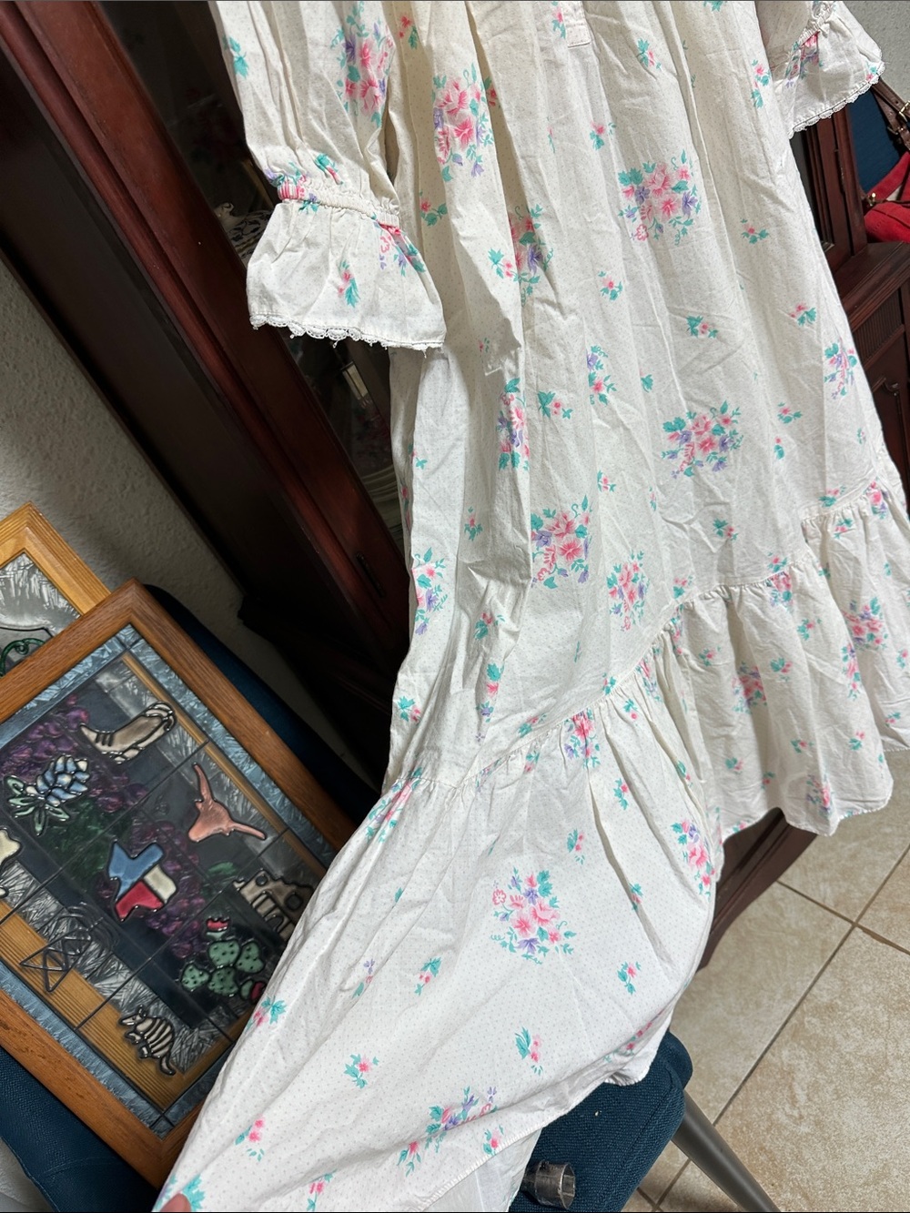 Victoria's Secret Cream Floral Long Sleeve Nightgown with Pink & Blue Flowers - Picture 7 of 7